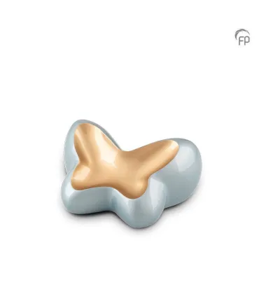 Kleine Metalen Urn Blauw/Goudkleur Butterfly