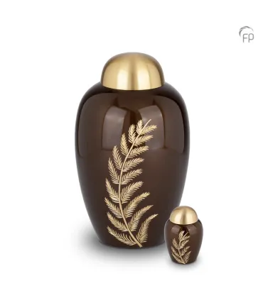 Grote Messing Urn Bruin met Goudkleurige Blad Gravure