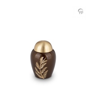 Messing Mini Urn Bruin met Goudkleurige Blad Gravure
