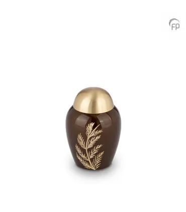 Messing Mini Urn Bruin met Goudkleurige Blad Gravure