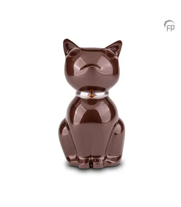 Metalen Dierenurn Nuna Kat Bruin met Steentje