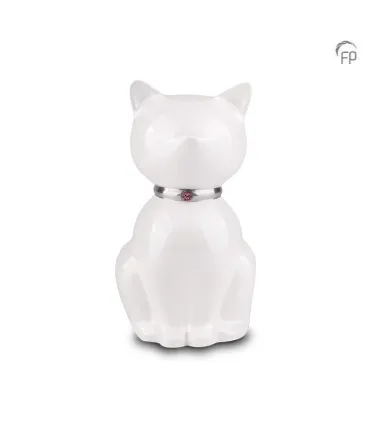 Metalen Dierenurn Nuna Kat Wit met Steentje