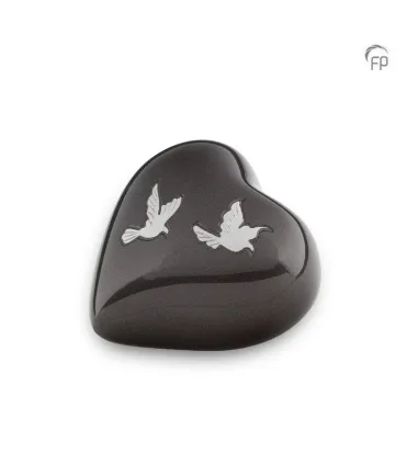 Metalen Mini Hart Urn Antraciet Zilverkleurige Vogels