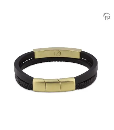 Leren Gevlochten 'Memory of a Lifetime' Armband Zwart Goudkleurig RVS