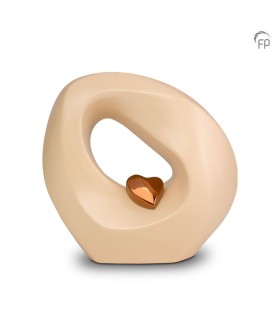 Middel Grote Keramische Urn Mastaba Crème Met Bronskleurig Hartje