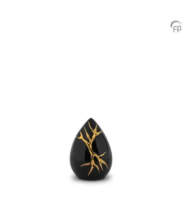 Keramische Mini Urn Kintsugi Zwart met Goudkleur
