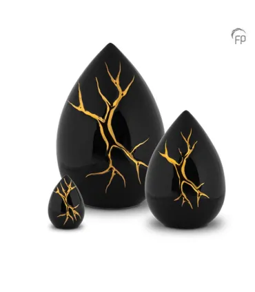 Keramische Mini Urn Kintsugi Zwart met Goudkleur